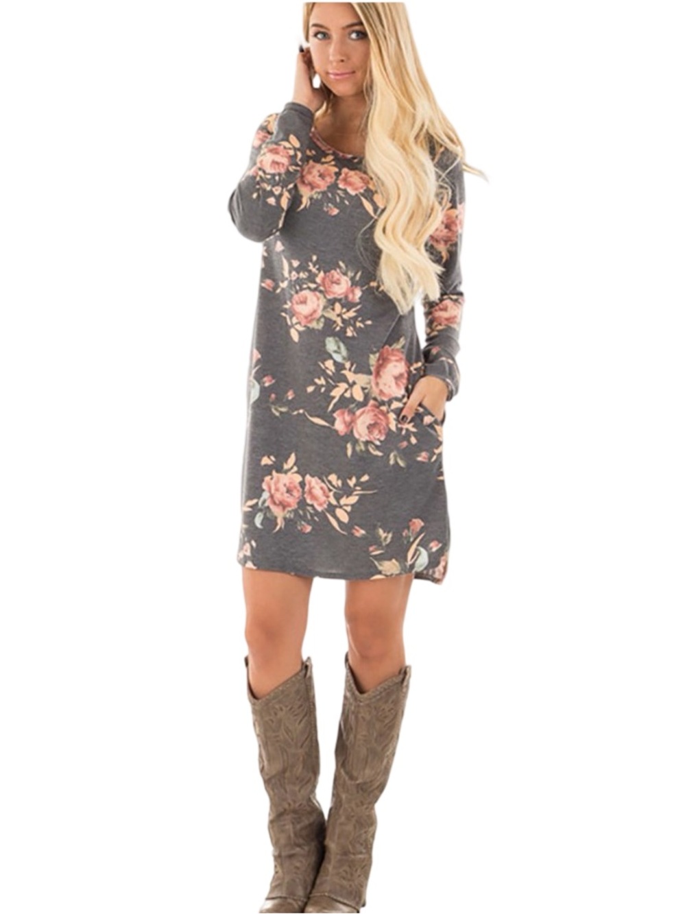 12 Pm By Mon Ami | Womens Charcoal Long-Sleeve Floral Shift Dress | L